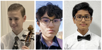 Photograph of Braedan Wedderburn, 
  cello, Nora Ahumada, violin, and Sujwal Reddy Yedunuthula, violin