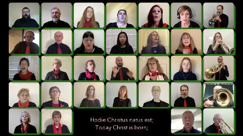 Photograph of Carson Chamber Singers and brass players